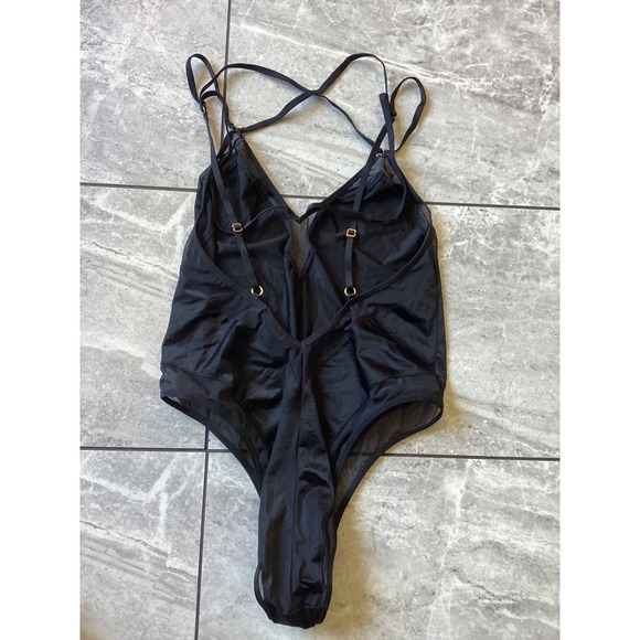 Victoria's Secret Black Mesh Panel Strappy Back Bodysuit L Large Gold Hardware - Picture 5 of 9